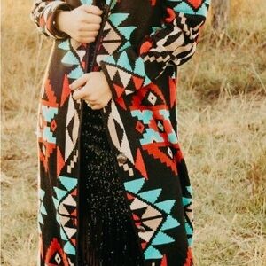 Sterling Creek Aztec Long Heavy Sweater Coat w Black Fur Collar